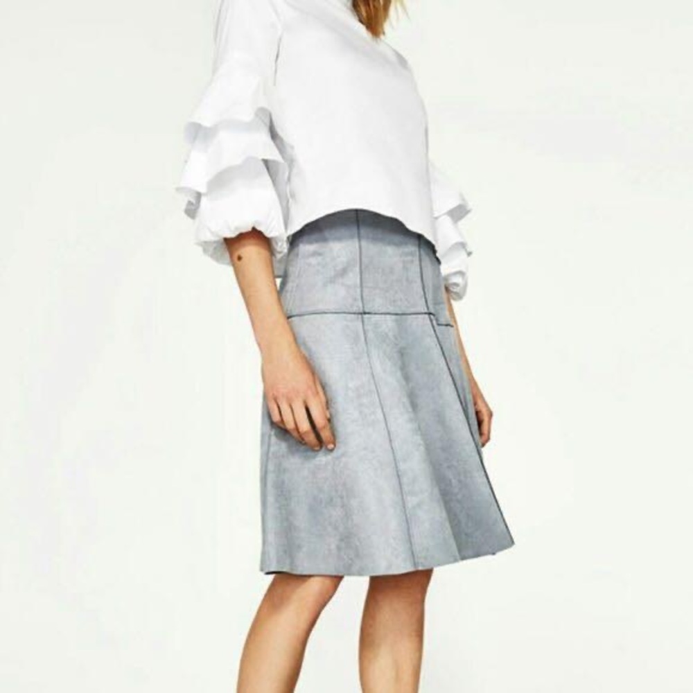 Zara faux suede paneled light blue/grey Aline skirt